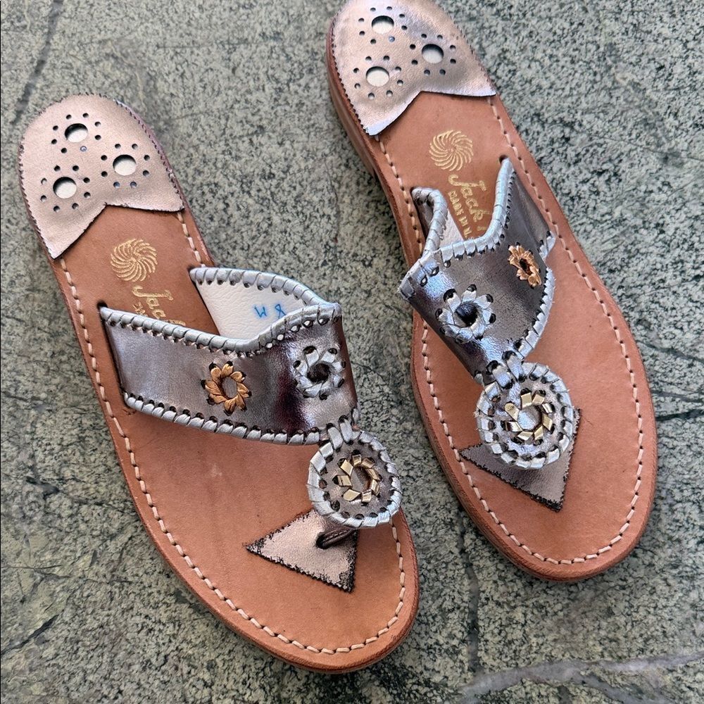 New jack Roger’s Silver and Tan Leather Sandals 8